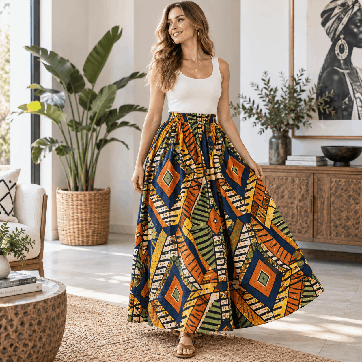 Women's African Print Maxi Skirt | Multi | 100% Cotton | Sizes S, M, L, XL, XXL