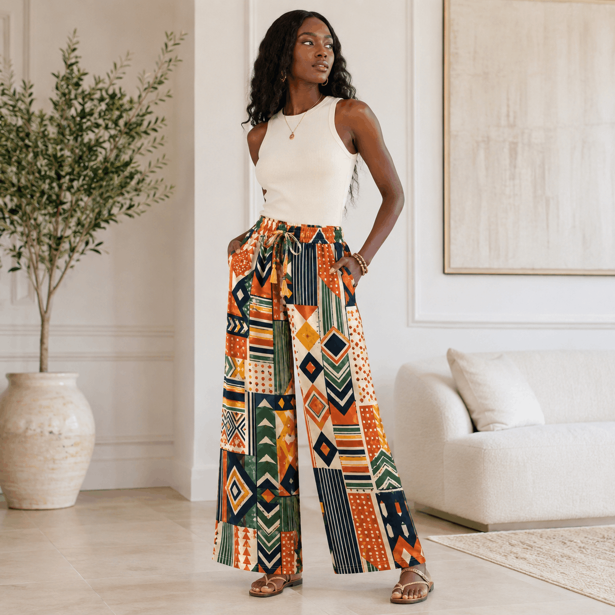Lightweight Printed Palazzo Pants | Multi | 100% Cotton | Sizes S, M, L, XL, XXL