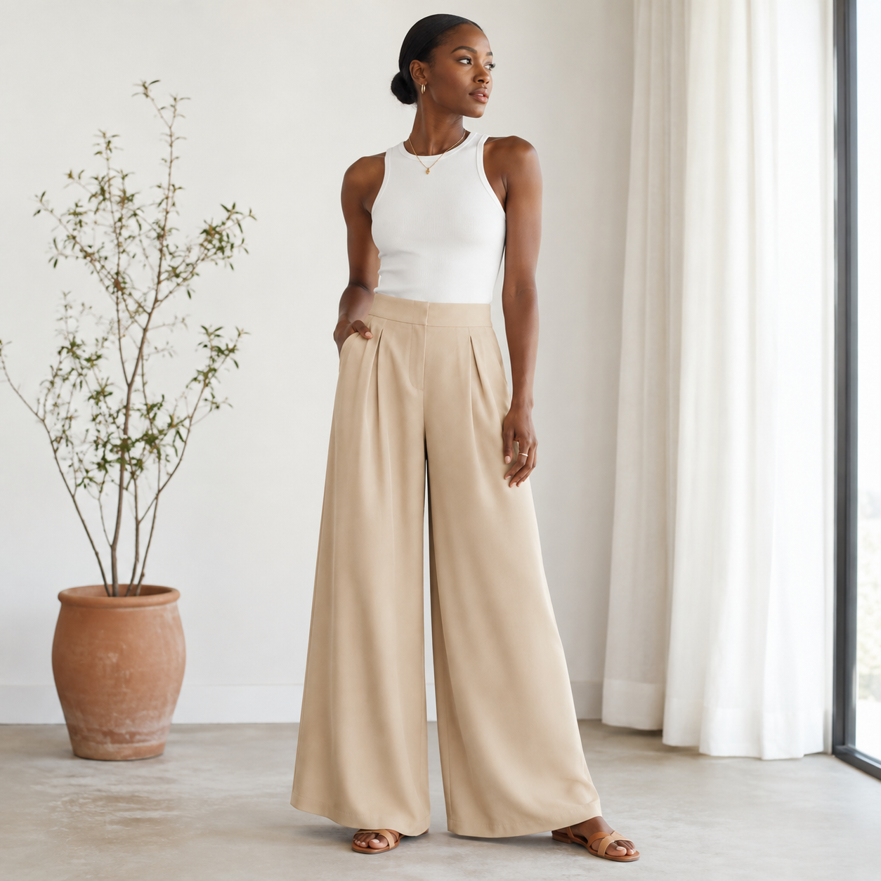 Wide Leg Palazzo Trousers | Beige | 70% Viscose, 30% Polyester | S, M, L, XL